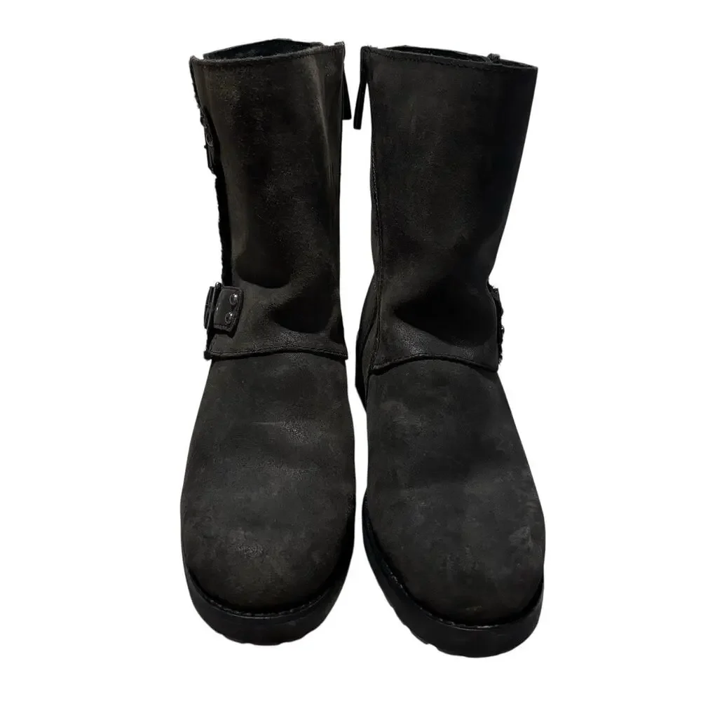 UGG Australia Women's Black Suede Biker Booties Buckle Strap Sz 7 Boots 1095130